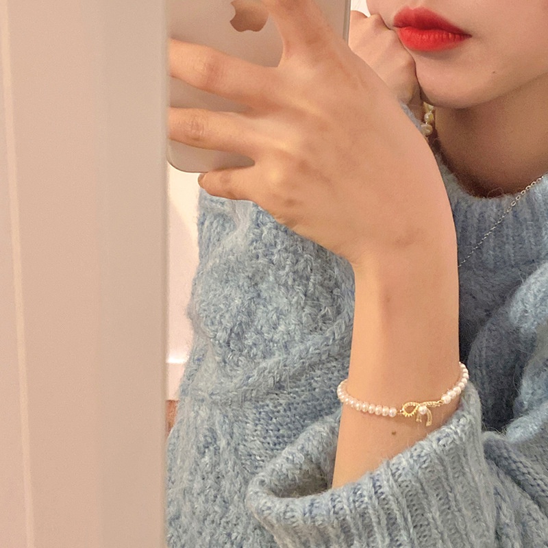 Vòng đeo tay đính đá ngọc trai hình nơ bằng hợp kim thời trang mùa hè 210807