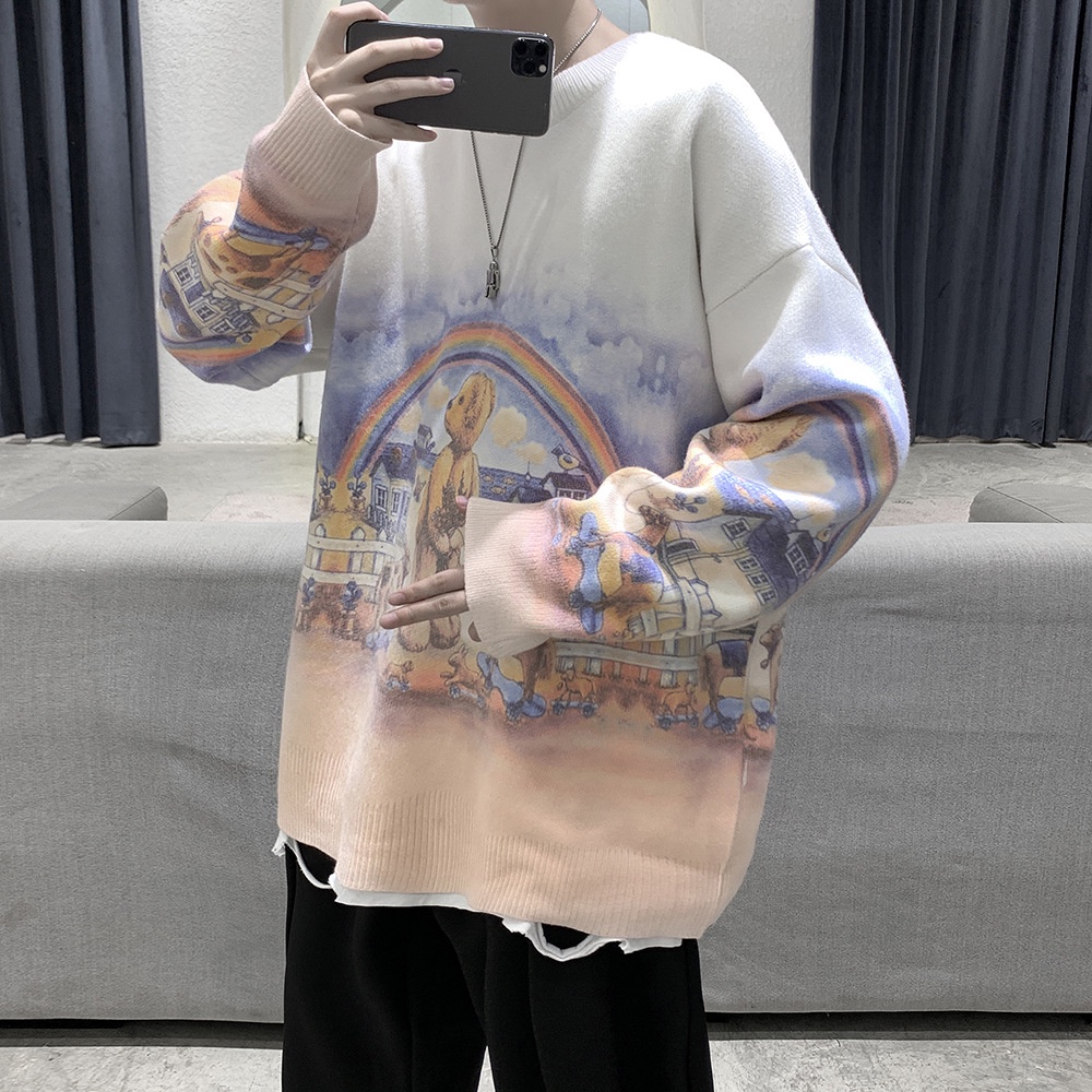Áo sweater AOKANG dệt kim dày dáng rộng in hình gấu cầu vồng kiểu Hàn Quốc thời trang thu đông cho nam