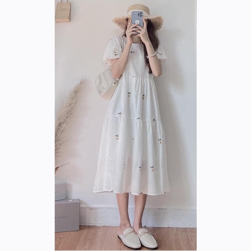 Váy Babydoll hoa cúc tay bồng dáng dài chất đũi thô/Váy vintage đũi hoa cúc tay bồng [Ảnh thật/Sẵn]