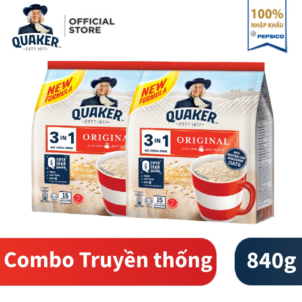 Combo 2 Túi Thức uống yến mạch Quaker 3in Vị 1 Truyền thống 420g/túi