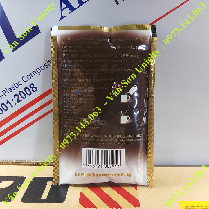 05 bịch thức uống Socola (Chocolate) Aik Cheong 600g (15 gói * 40g)