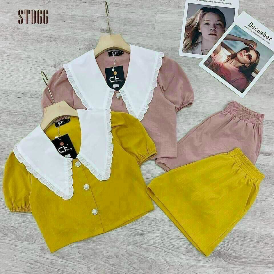 Set Đồ Nữ Đẹp ⚡𝙎𝙄𝙀̂𝙐 𝙎𝘼𝙇𝙀⚡ Set Bộ Đùi Cổ Phối Siêu Dễ Thương, Chất Đũi Nhăn Thoáng Mát, Freesize 50-55kg - 78059