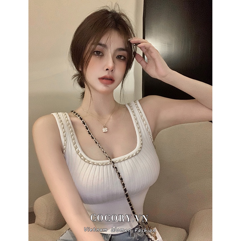 Cocory vn Áo Croptop Dệt Kim Sát Nách Cổ Chữ U Dáng Ôm Thời Trang Mùa Hè Quyến Rũ Cho