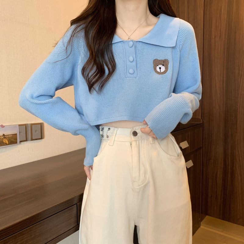 Áo sweater Tay Phồng Cổ Bẻ Thêu Hình Gấu Dễ Thương Phong Cách Hàn Quốc Thời Trang Mùa Thu
