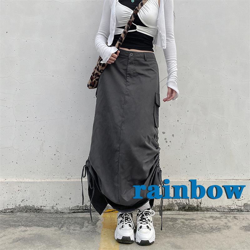 Chân Váy Midi Dài Thẳng Có Túi Màu Cầu Vồng 2K Phong Cách Harajuku Cổ Điển Đường Phố Cho Nữ