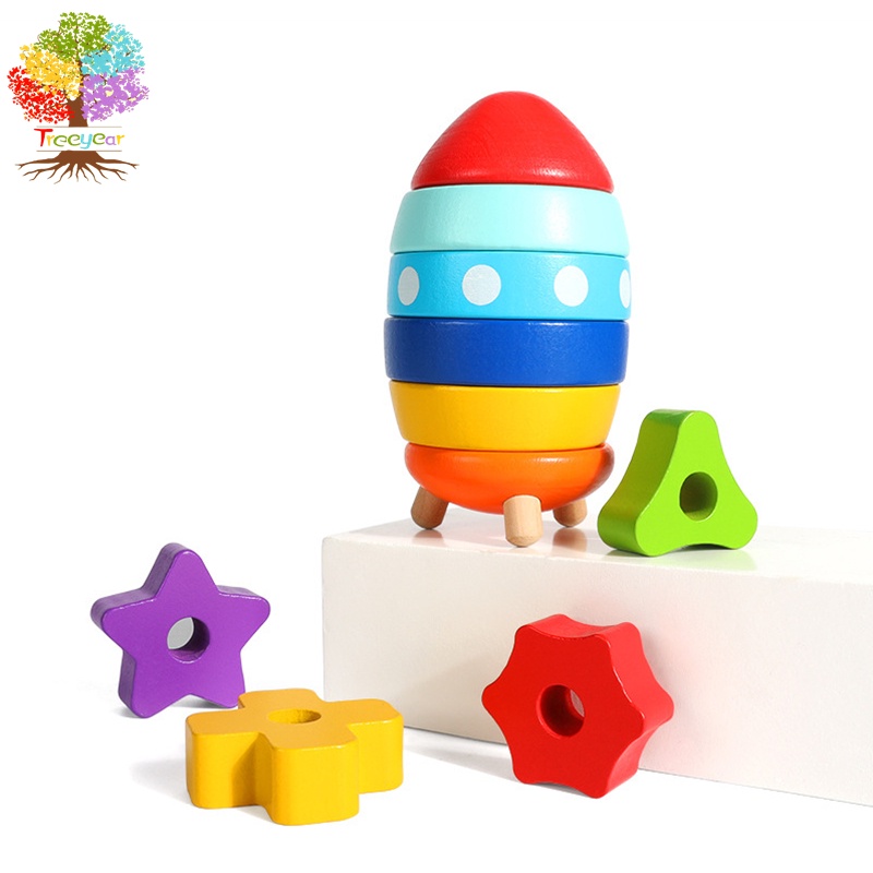 Đồ chơi lắp ráp TREEYEAR hình tên lửa bằng gỗ đầy màu sắc kỹ năng phát triển động cơ tốt cho trẻ em 12+ tháng tuổi