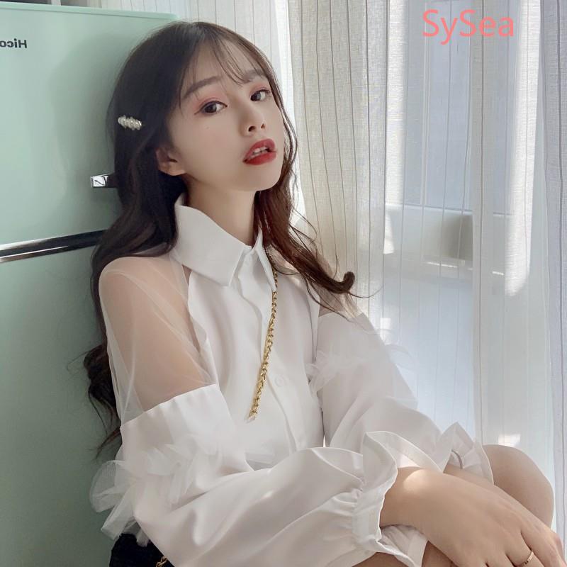 Áo Kiểu Tay Loe Phối Lưới Thời Trang Hàn Quốc Cho Nữ