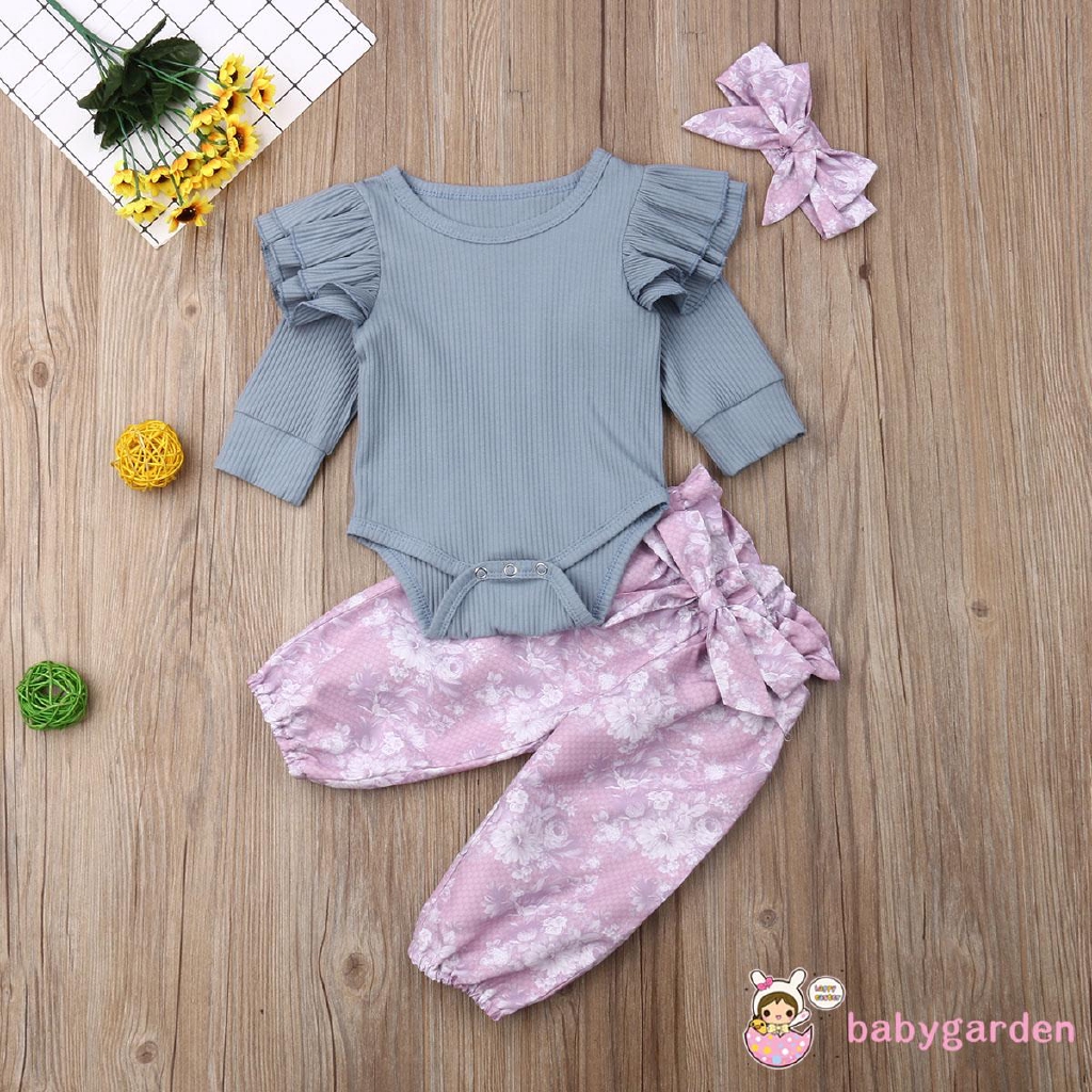 Set áo liền quần + Quần short + Băng đô họa tiết hoa dễ thương cho bé gái