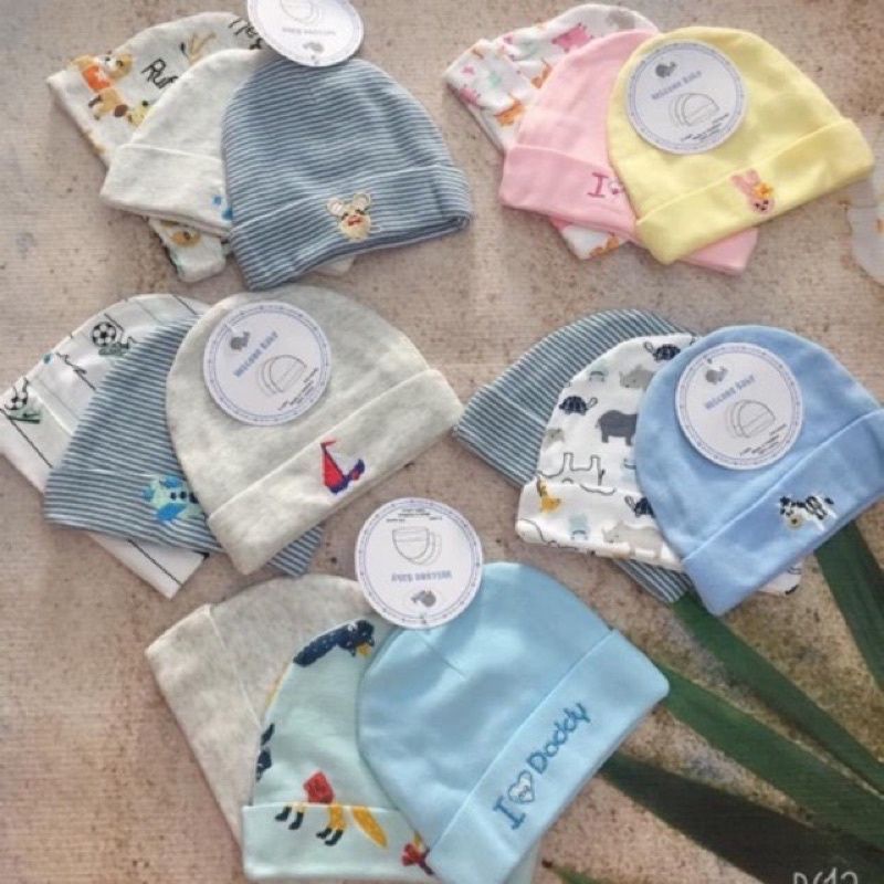 Sét 3 mũ sơ sinh cotton co dãn cho bé mềm mịn, thoáng không bí hơi