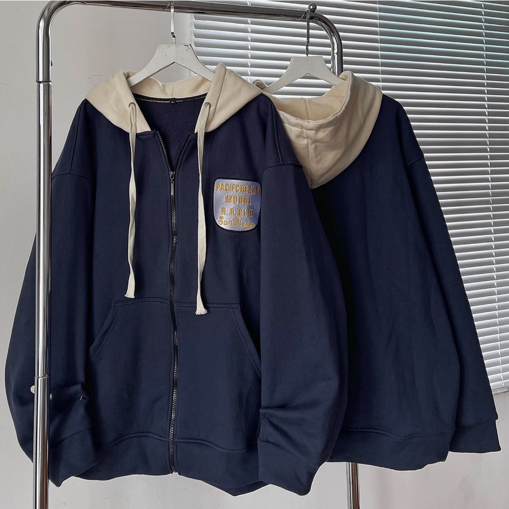 Áo hoodie SANDIEGO vải nỉ xanh phối mũ trắng kiểu dáng unisex