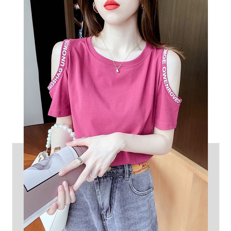 Áo Thun Tay Ngắn Hở Vai Dáng Rộng Màu Sắc Trơn Thời Trang Mùa Hè Cho Nữ
