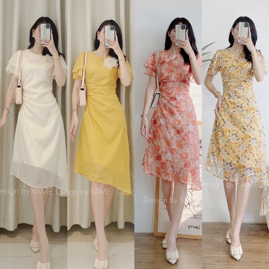 NHIỀU MẪU Váy đầm hoa ngắn tay dáng dài cổ tròn đính nơ cách điệu eo Lucie YAME màu vàng, trắng kem