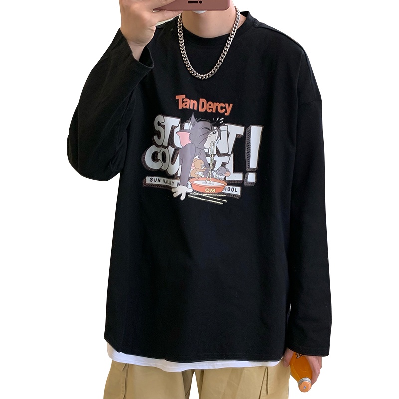 Áo thun tay dài cổ tròn dáng rộng in họa tiết hoạt hình phong cách Hàn Quốc thời trang mùa đông cho nam size M-5XL