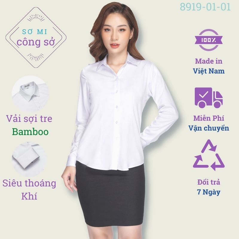 Áo sơ mi trắng nữ Thái Hoà đẹp công sở kiểu dài tay bigsize sợi tre cao cấp 8919-01-01