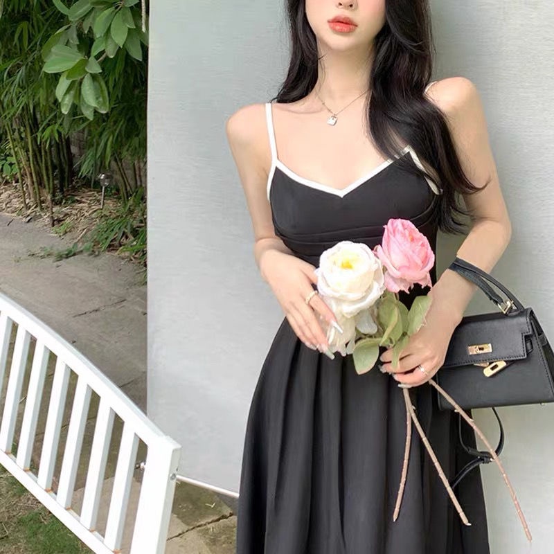 Đầm Hai Dây Cổ Chữ V Màu Đen Phong Cách Pháp Cổ Điển Thời Trang Mùa Hè Cho Nữ
