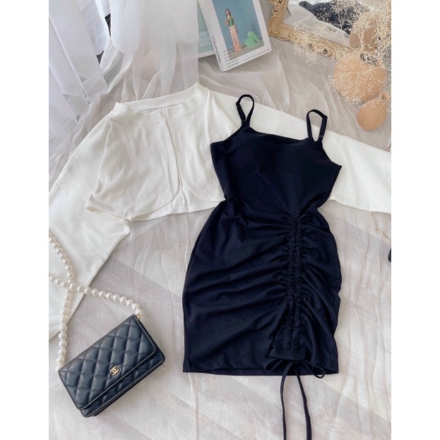 Set áo tay dơi + đầm body dây rút