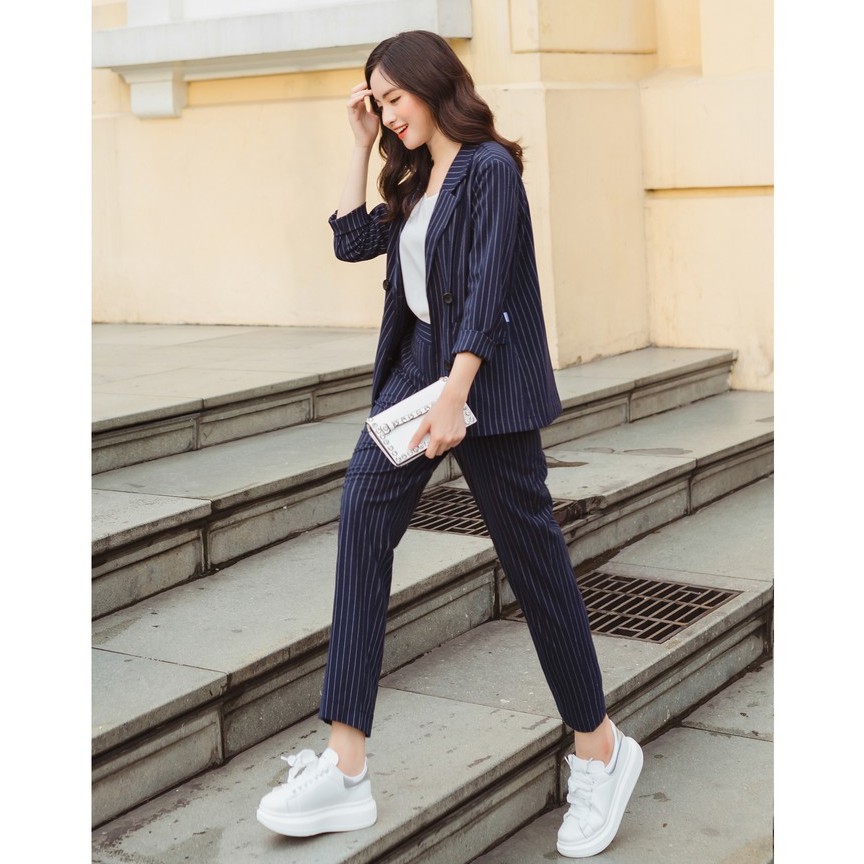 Set vest kẻ xanh(vest+quần âu)