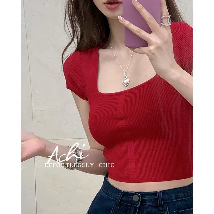 Áo thun Pure Cube dệt kim cổ vuông phong cách vintage thời trang cho nữ