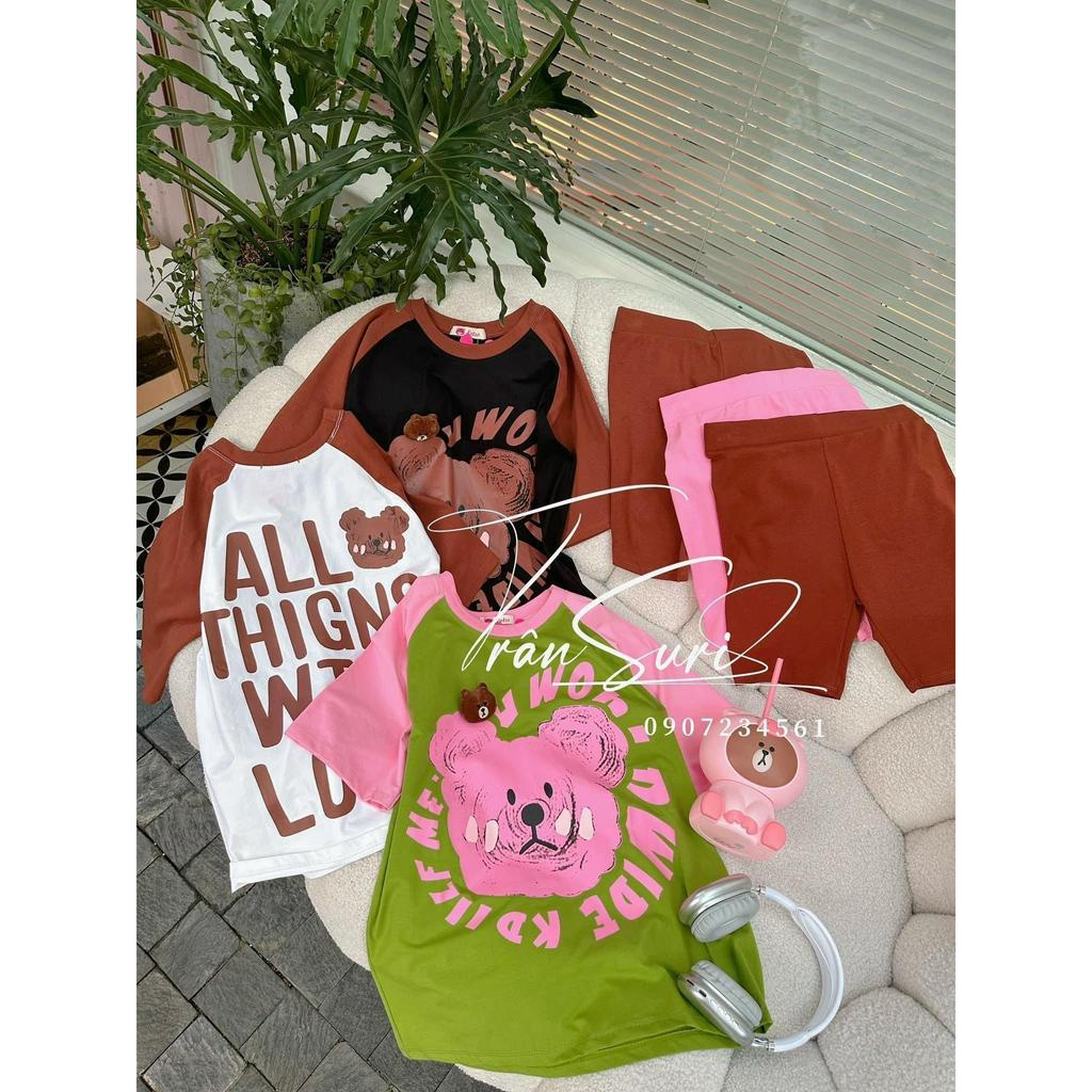 Set bộ nữ dễ thương với set 2 món quần đùi lengging kèm áo thun form rộng cổ tròn in gấu