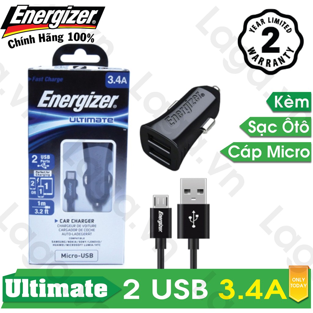 Sạc Ô tô Energizer UL 2 cổng USB 3.4A + 1 Cáp Micro-USB dài 1m-DCA2CUMC3 cho xe hơi (Đen)
