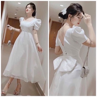 Đầm trắng form dài có nơ tiểu thư đi tiệc đi chơi