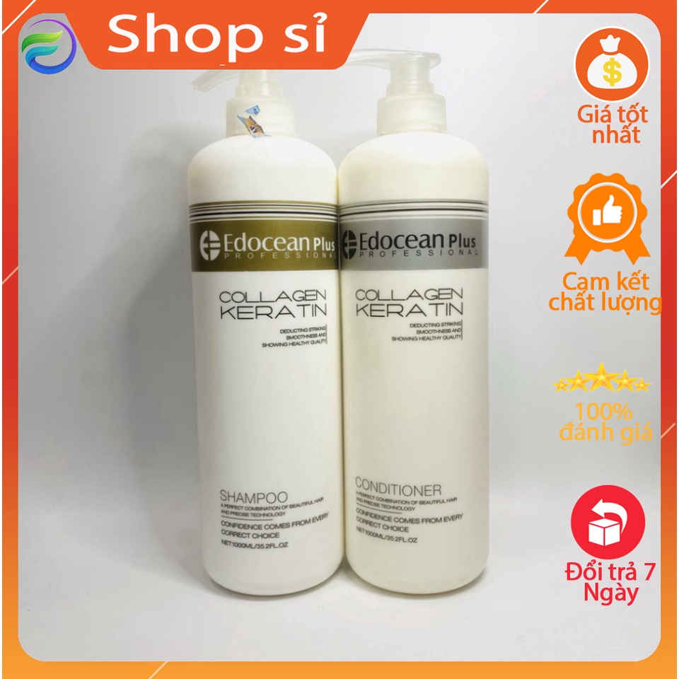 Bộ dầu gội xả siêu mượt phục hồi và ngăn gãy rụng tóc Edocean Collagen & Keratin 1000ml