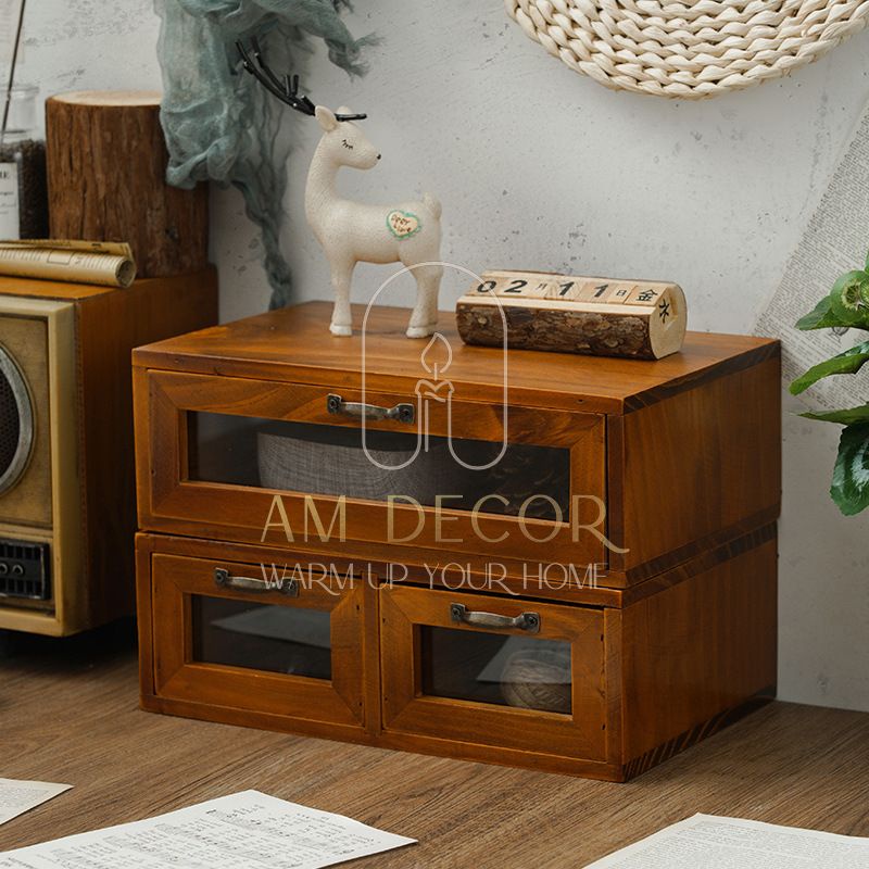 Tủ gỗ thông để bàn 1 hoặc 2 ngăn kéo có thể xếp tầng decor trang trí bàn học làm việc sang trọng - AM Decor