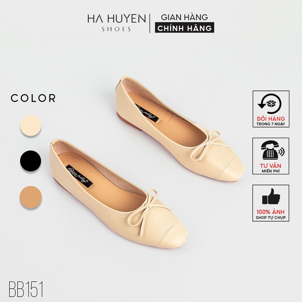 Giày bệt nữ Hà Huyền Shoes da lì mũi tròn đính nơ dây xinh xắn - BB151