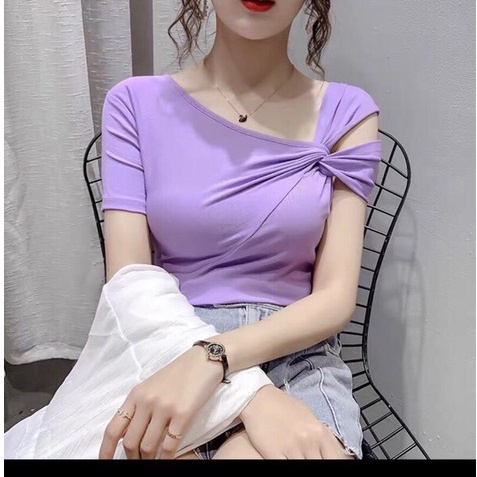 áo thun nữ xoắn vai nhiều màu điệu đà, chất zip cotton