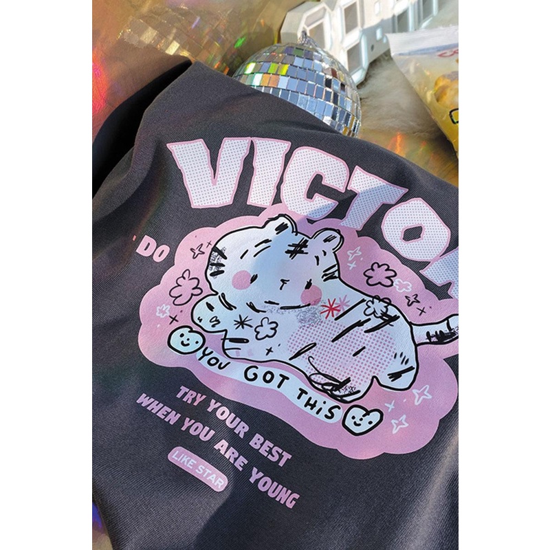 NRVP Áo thun tay ngắn cổ tròn in hình mèo 100% từ cotton thời trang phong cách Hàn Quốc cho nữ