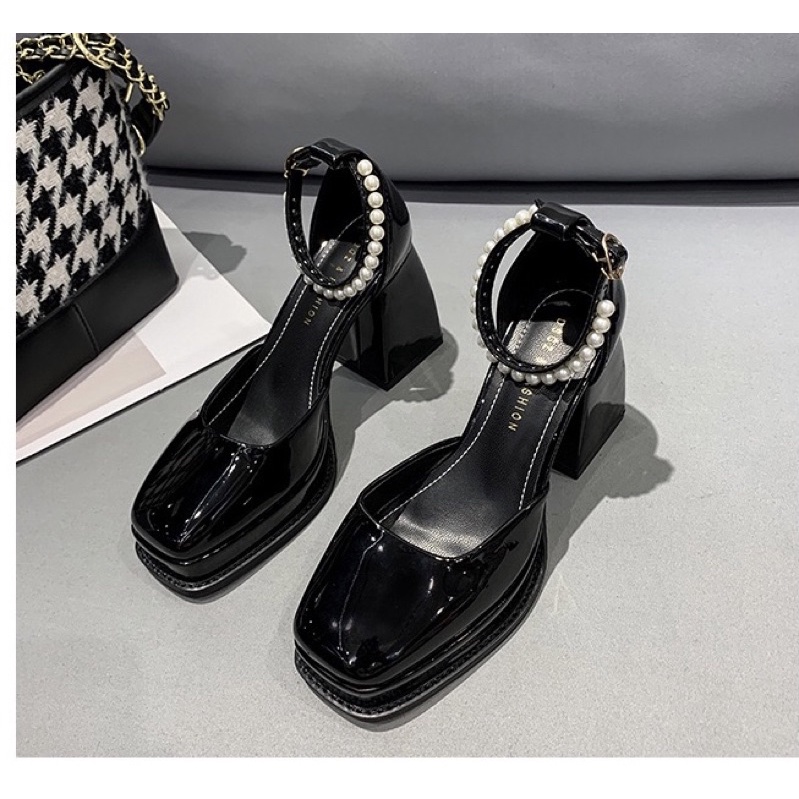 Sẵn hàng  _ Giày lolita , giày cao gót nữ đế trụ 9cm quai cài đính ngọc cao cấp
