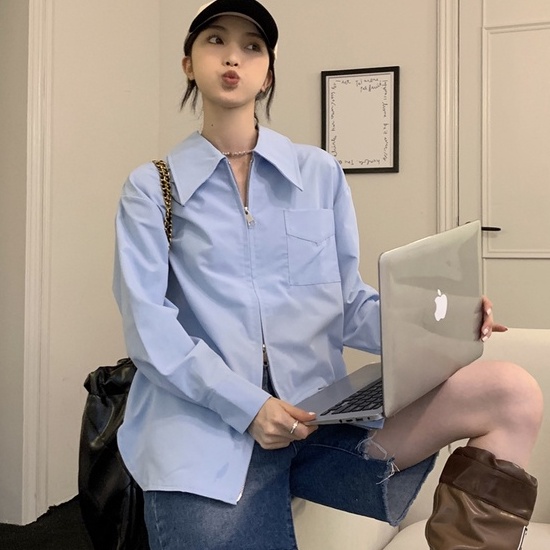Áo sơ mi ZHELIHANGFEI tay dài dáng rộng phối khóa kéo hai chiều phong cách học đường thời trang dành cho nữ