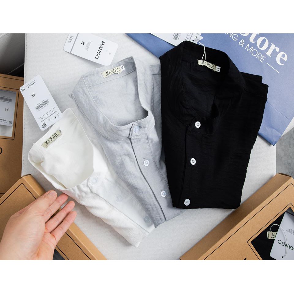 Áo đũi nam sơ mi cổ tàu ngắn tay Mango cao cấp vải đũi line mát lịm | BigBuy360 - bigbuy360.vn