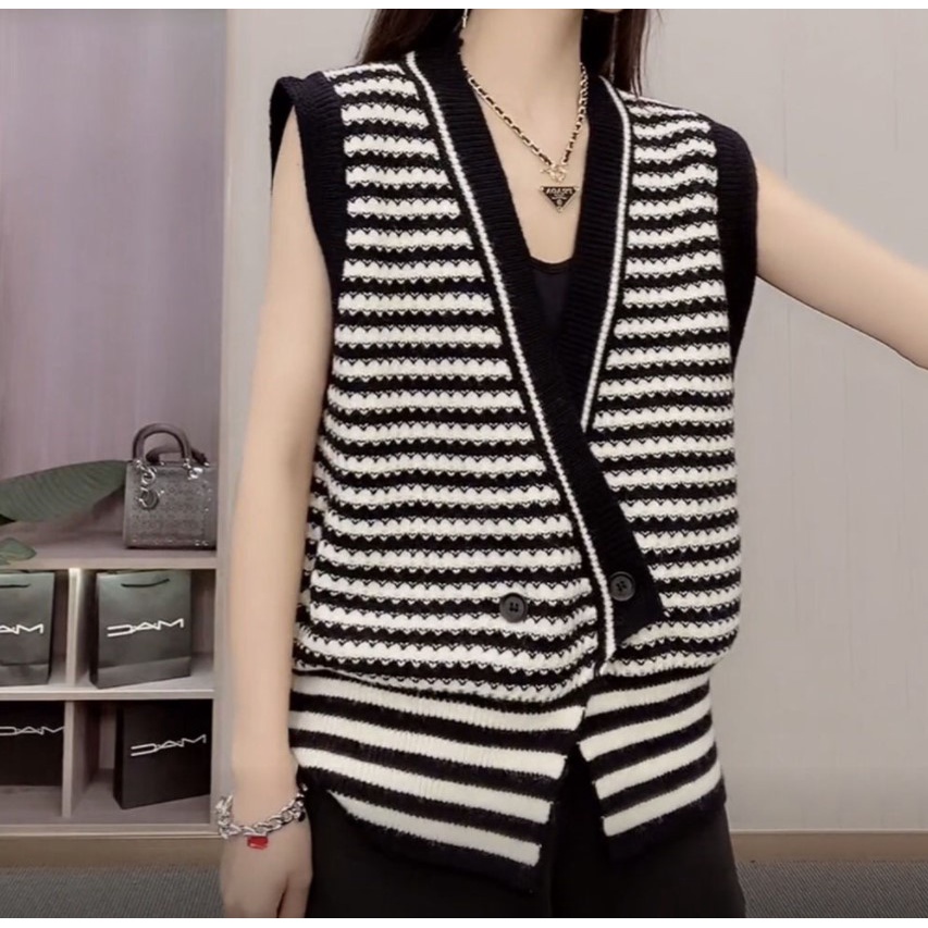 Gile Sọc Vằn | Áo Gile Len Nữ Thu Đông Sọc Vằn Ngang Cổ V Vạt Chéo Chất Len Mịn Dày Dặn Hàn Quốc, Ulzzang Quảng Châu | BigBuy360 - bigbuy360.vn