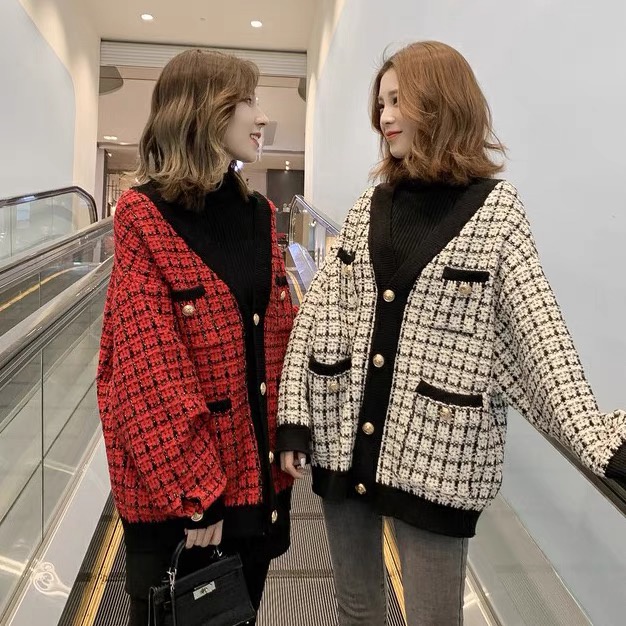Áo cadigan kẻ nhỏ Hàn Quốc cao cấp Forgirl áo len kẻ đỏ, trắng khoác ngoài phối cúc siêu hot 2021 | BigBuy360 - bigbuy360.vn