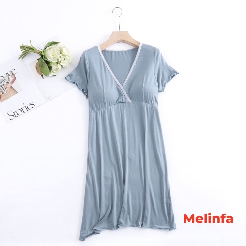 Váy đầm ngủ ngắn tay cổ V đệm ngực vải Viscose mềm mại thoáng mát mặc nhà mùa hè mã VAV0286