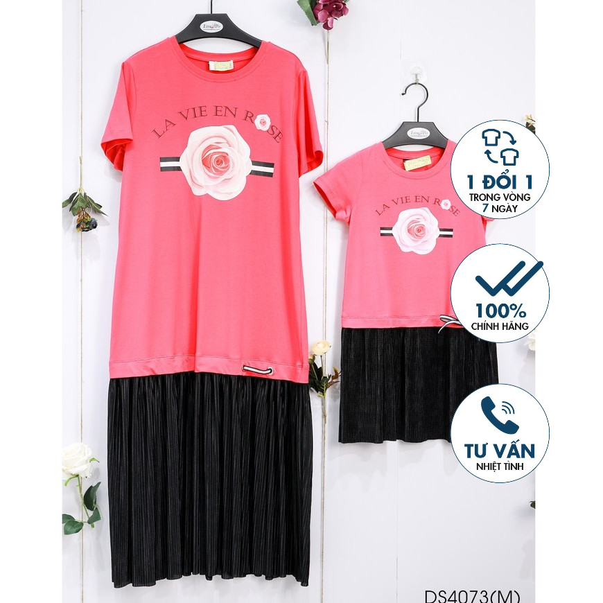 Đầm thun suông, phối chân dập ly, in hình hoa hồng Emspo DS4073
