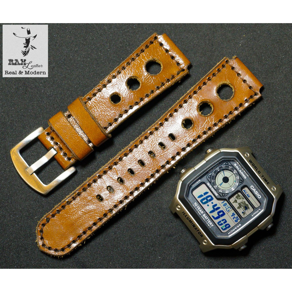 Dây Casio AE 1200 da bò nâu đỏ RAM Leather D3 - tặng khóa chốt và cây thay dây