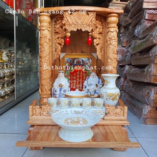 COMBO bộ bàn thờ thần tài ông địa gỗ xoan ngang 42 cm quỳ trụ