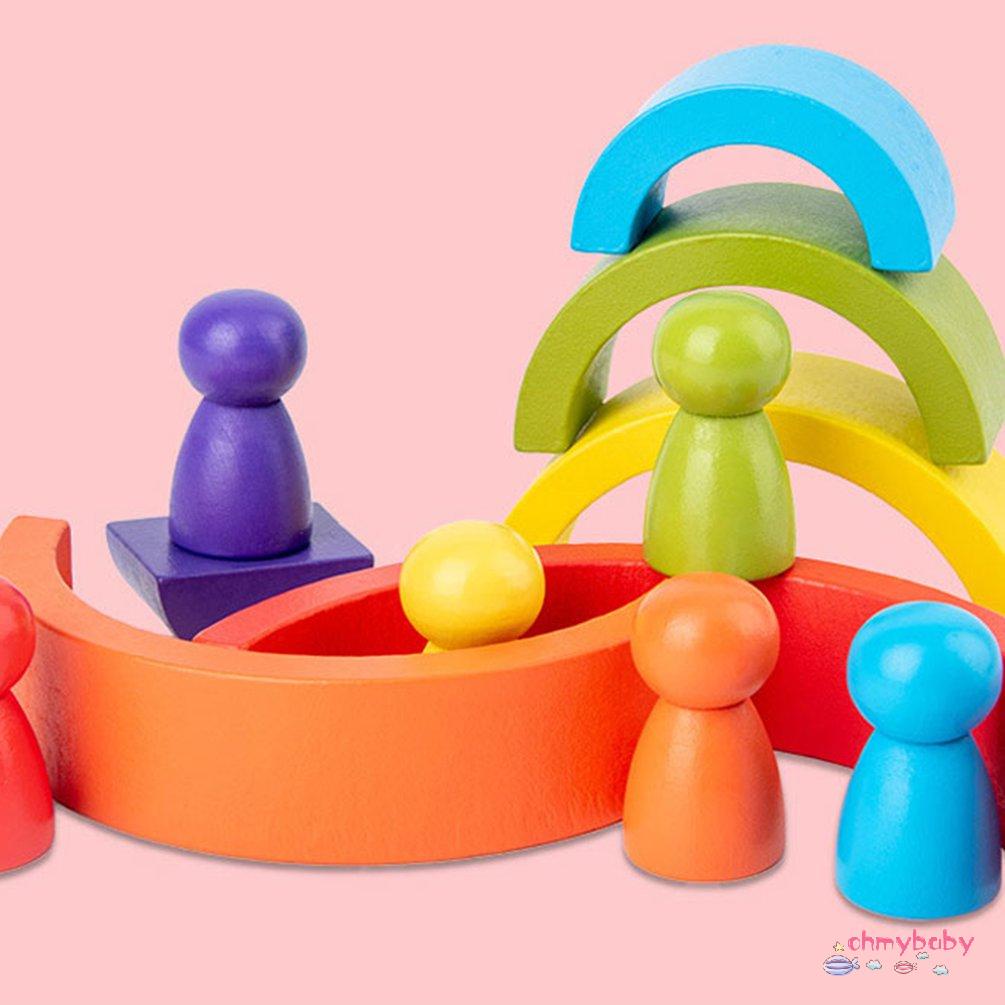 【OMB】 Early Educational Toys Creative Rainbow Arched Building Blocks Wood Game