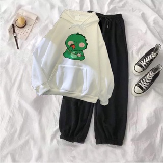 Sét bộ áo hoodie khủng long xanh quần bom đen