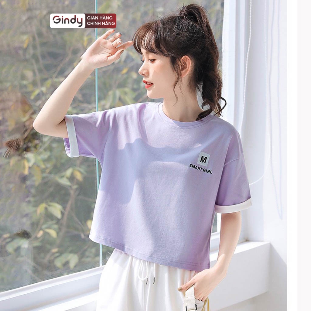 Áo phông cotton thun nữ cổ tròn tay lỡ kiểu cao cấp GINDY SMART GIRL dáng basic unisex thoáng mát thời trang nữ A6175 | BigBuy360 - bigbuy360.vn