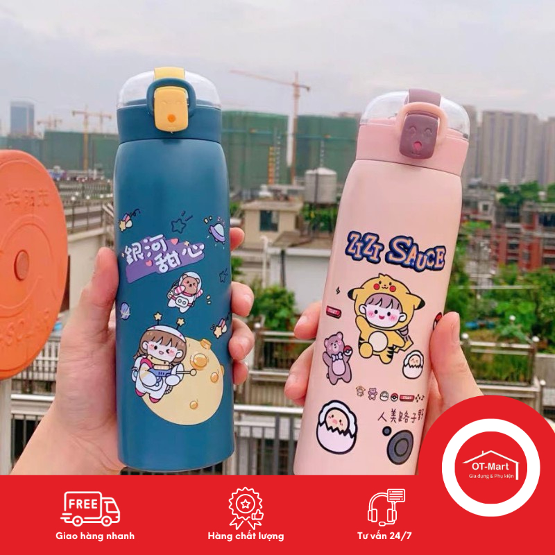 Bình nước cho bé,Bình giữ nhiệt inox có ống hút tặng kèm sticker
