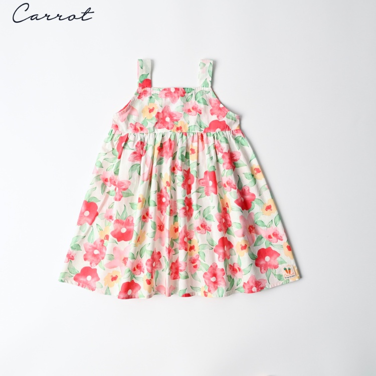 Váy Bé Gái Carrot Hai Dây, Họa Tiết Hoa Huệ Tây Màu Đỏ Xinh Xắn, Chất Liệu Thô Cotton Thấm Hút Mồ Hôi Tốt