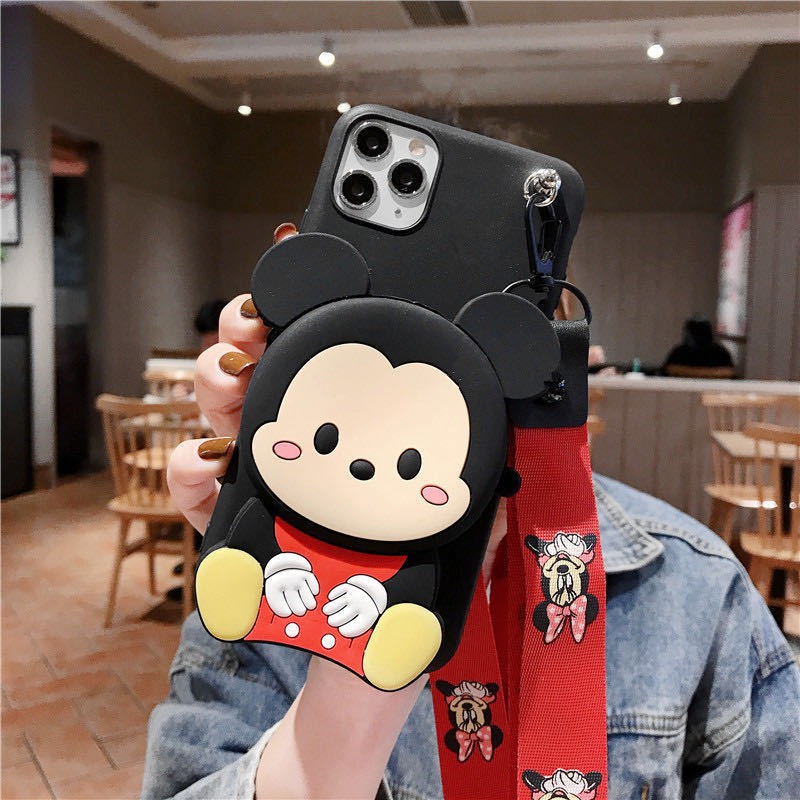 Ốp điện thoại in hình chuột Mickey Minnie có ví và dây đeo cho iPhone 13 12 11 Pro Max X XS Max XR 6 6S 7 8 Plus
