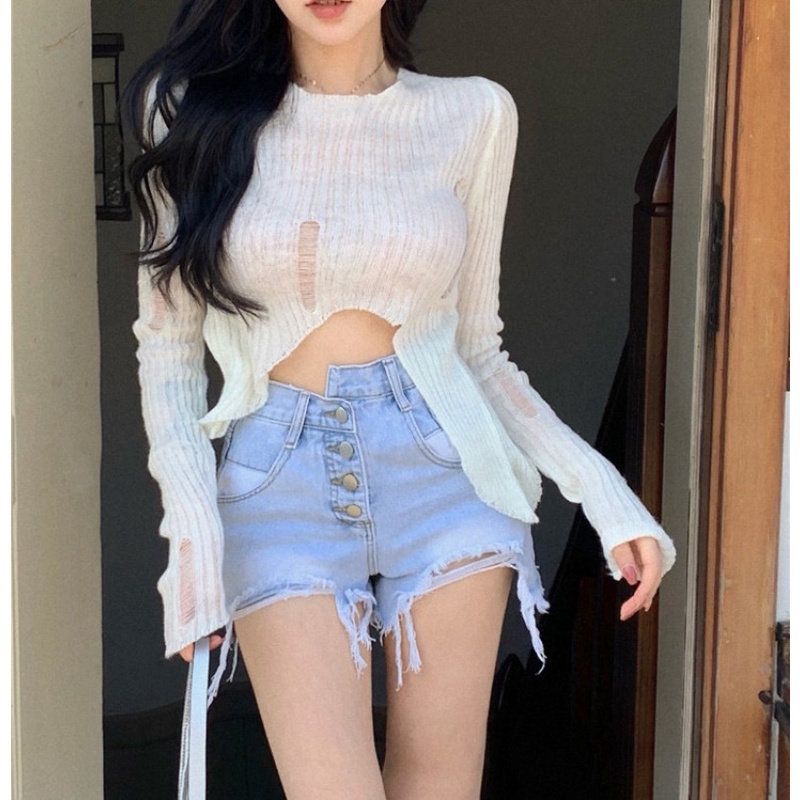Quần Short Denim Lưng Cao Rách Đính Nút Phong Cách Retro 2022 Cho Nữ