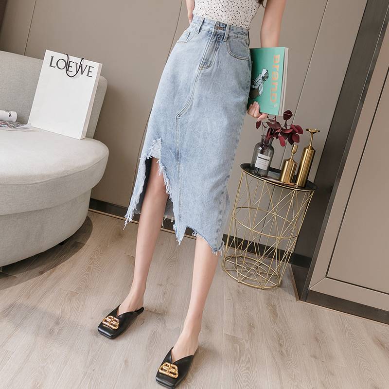 Chân Váy Denim Dáng Chữ A Lưng Cao Phối Rách Kiểu Hàn Quốc Cá Tính | BigBuy360 - bigbuy360.vn