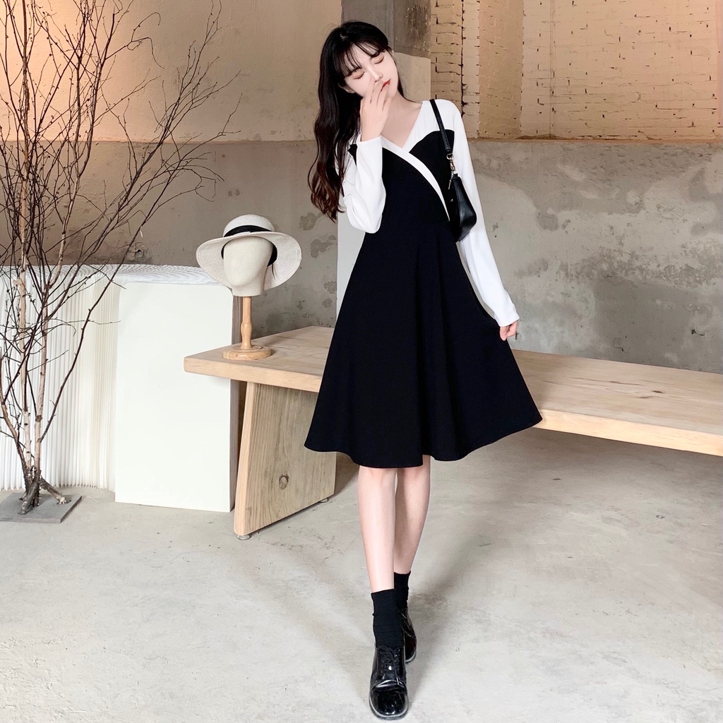 SUXI Đầm ôm Dài Tay Cổ Chữ V Thời Trang Hàn