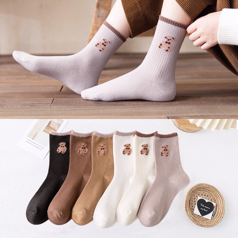 Vớ Thể Thao Cổ Cao Thoáng Khí In Họa Tiết Gấu Hoạt Hình Phong Cách Harajuku Đường Phố Thời Trang Mùa Đông Cho Nữ