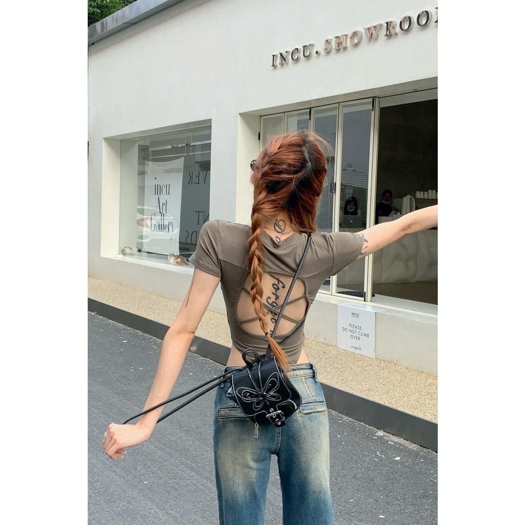 Cocory vn Áo Thun Tay Ngắn Dáng Ôm Hở Một Mảnh Khoét Eo Quyến Rũ Cho Nữ